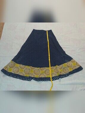 Navy Eyelet A-Line Skirt with Yellow Printed Border
